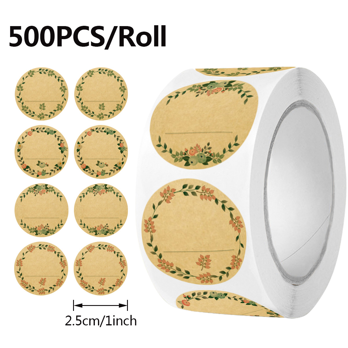 Sticker Label Roll - JCAC 500 ชิ้น/ม้วน สติกเกอร์กระดาษคราฟท์ลายดอกไม้แบบเขียนได้ สำหรับตกแต่งเบเกอรี่และของขวัญ ฉลากแบบมีกาวในตัว