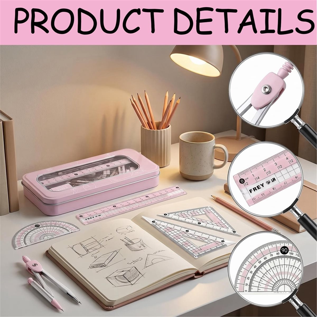 ชุดเครื่องเขียนเรขาคณิตสีชมพู  - Compass Geometry Set บทวิจารณ์และราคา
